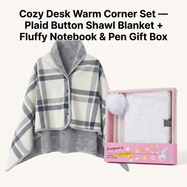 Warm Cozy Study and Office Corner Set with Wearable Dual Layer Fleece Shawl