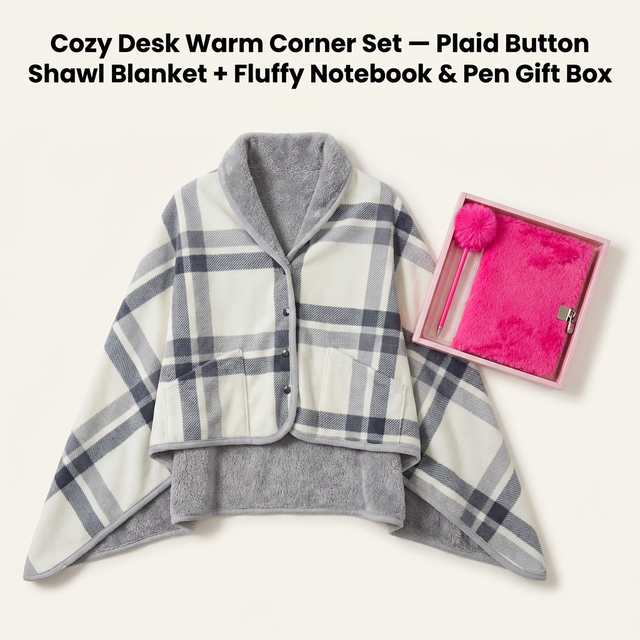 Warm Cozy Study and Office Corner Set with Wearable Dual Layer Fleece Shawl