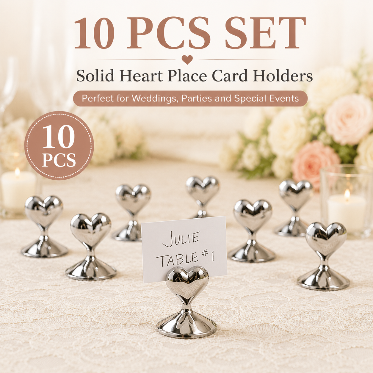 10-Pack Silver Plated Alloy Place Card Holders with Soild Heart Designs