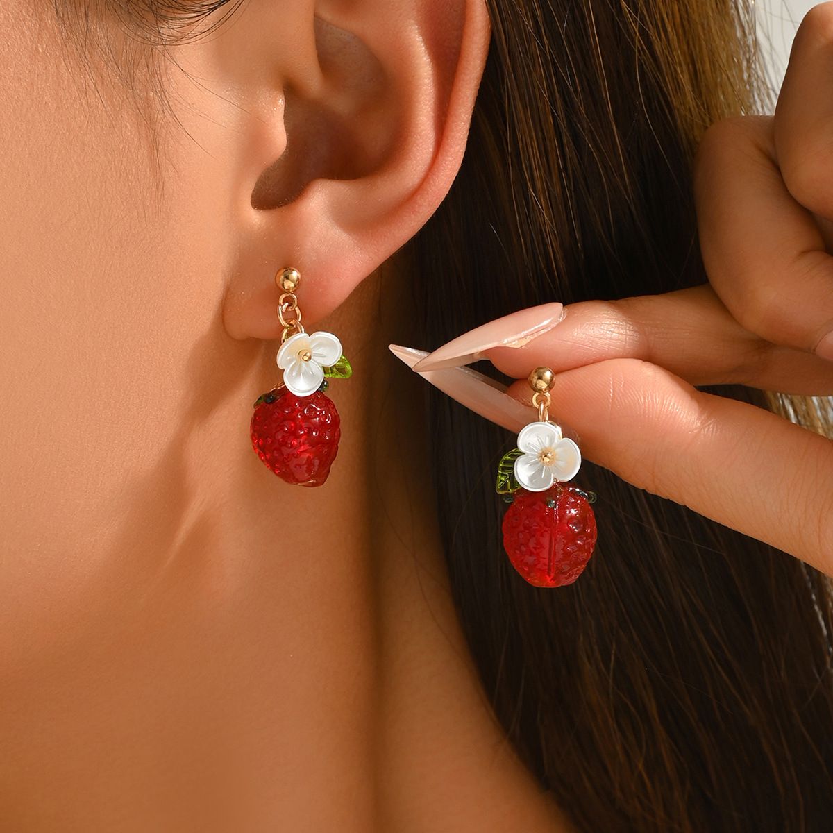 Cute Crystal Strawberry Pendant Jewelry Set for Women with Flower Berries view 3