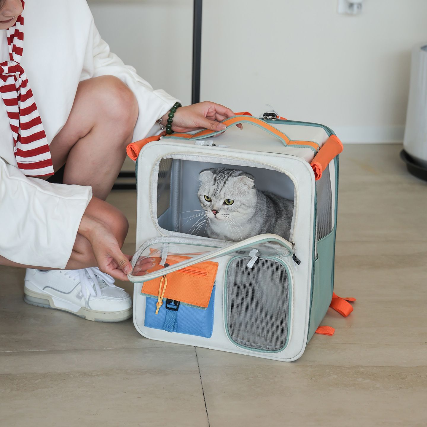 Orange and Grey Large Space Pet Carrier Backpack – Foldable Cat Carrier Bag view 6