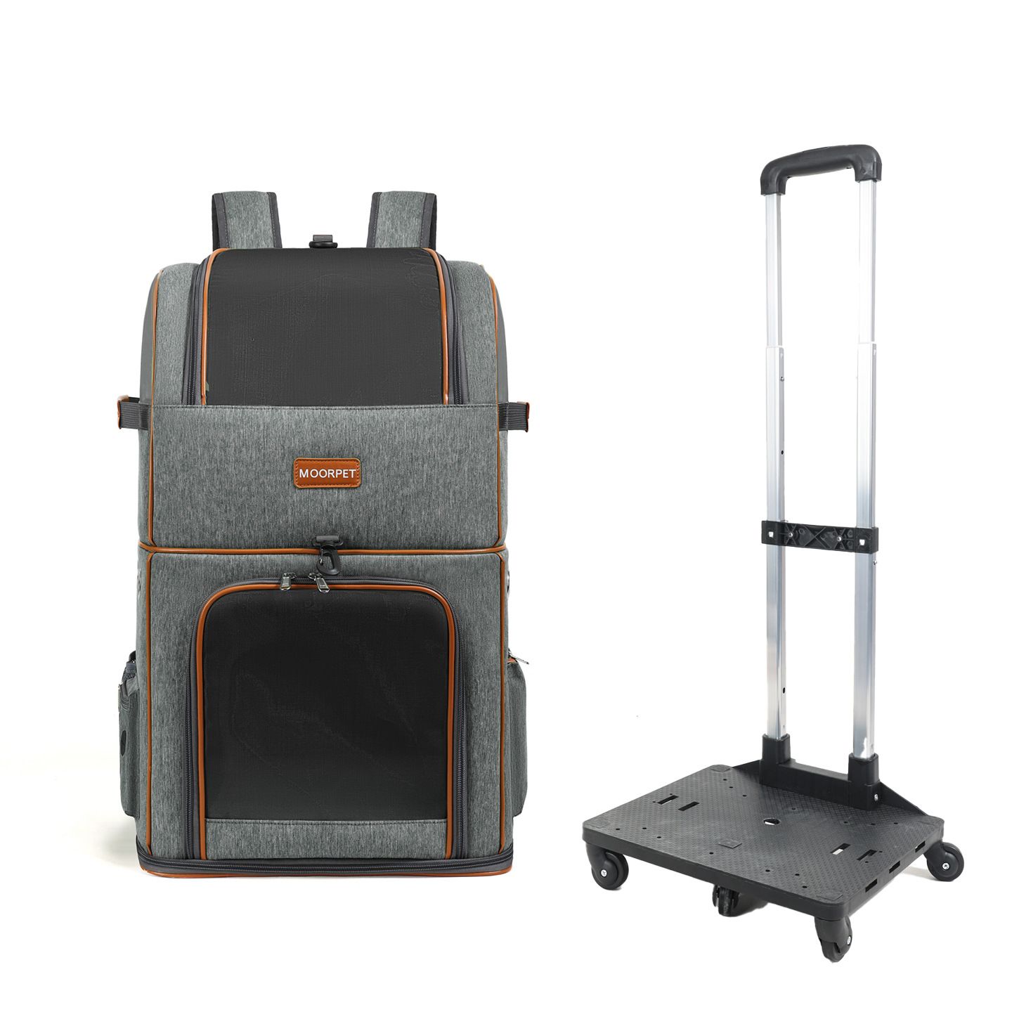 Grey Double Layer Pet Backpack and Trolley Carrier - Foldable Large Capacity view 2