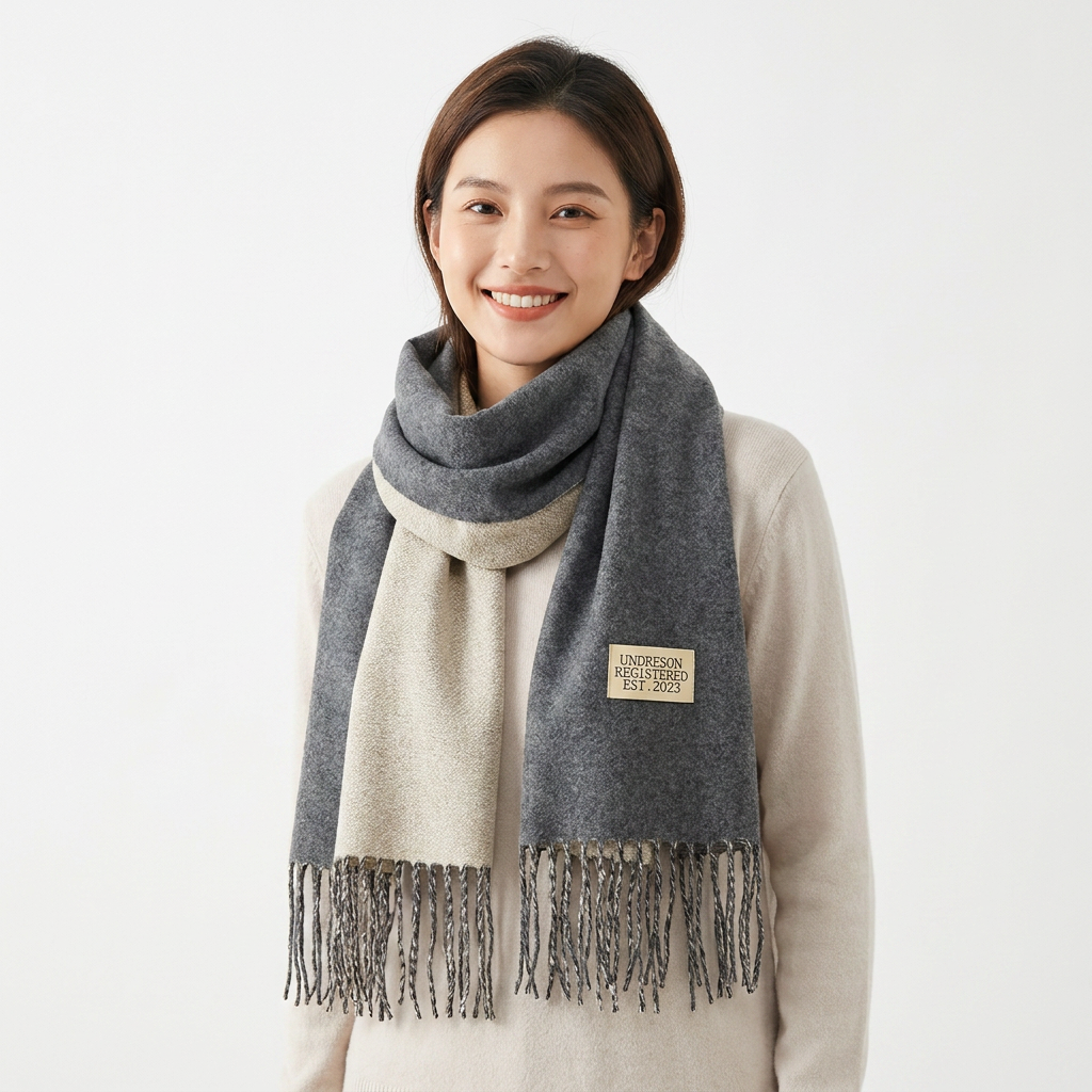 Dark Grey and Beige Double-Sided Reversible Imitation Cashmere Scarf for Women view 5