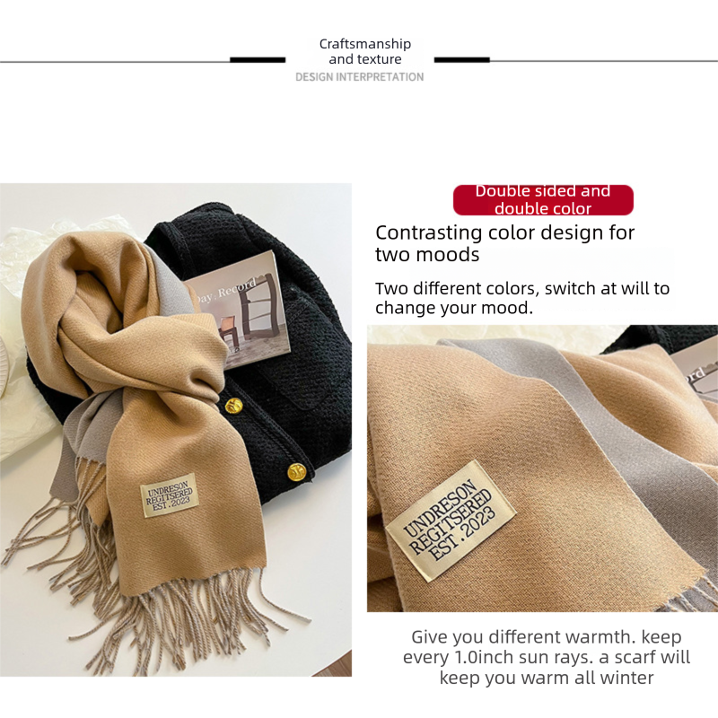 Beige Double-Sided Reversible Imitation Cashmere Scarf for Women - Soft Warm view 2