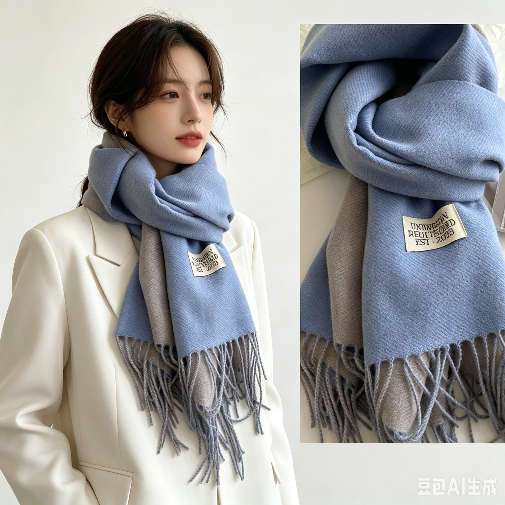 Blue and Grey Double-Sided Reversible Imitation Cashmere Scarf for Women view 5
