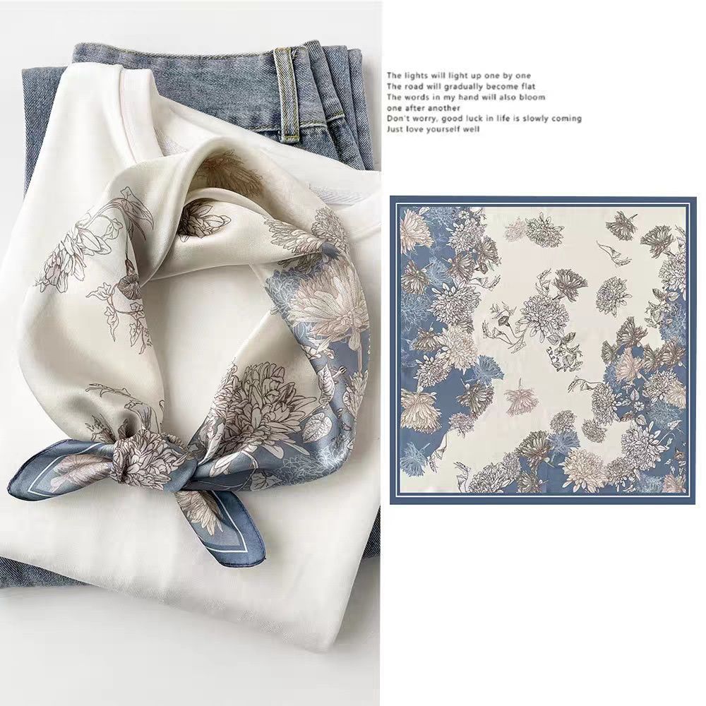 Mulberry Silk Square Scarf for Women - 53x53cm Floral Print Neck Scarf with view 5