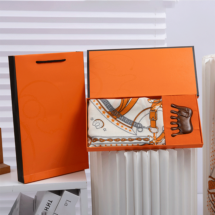 Luxury Orange Scarf Gift Set for Women - 70x70cm Belt Buckle Print Square