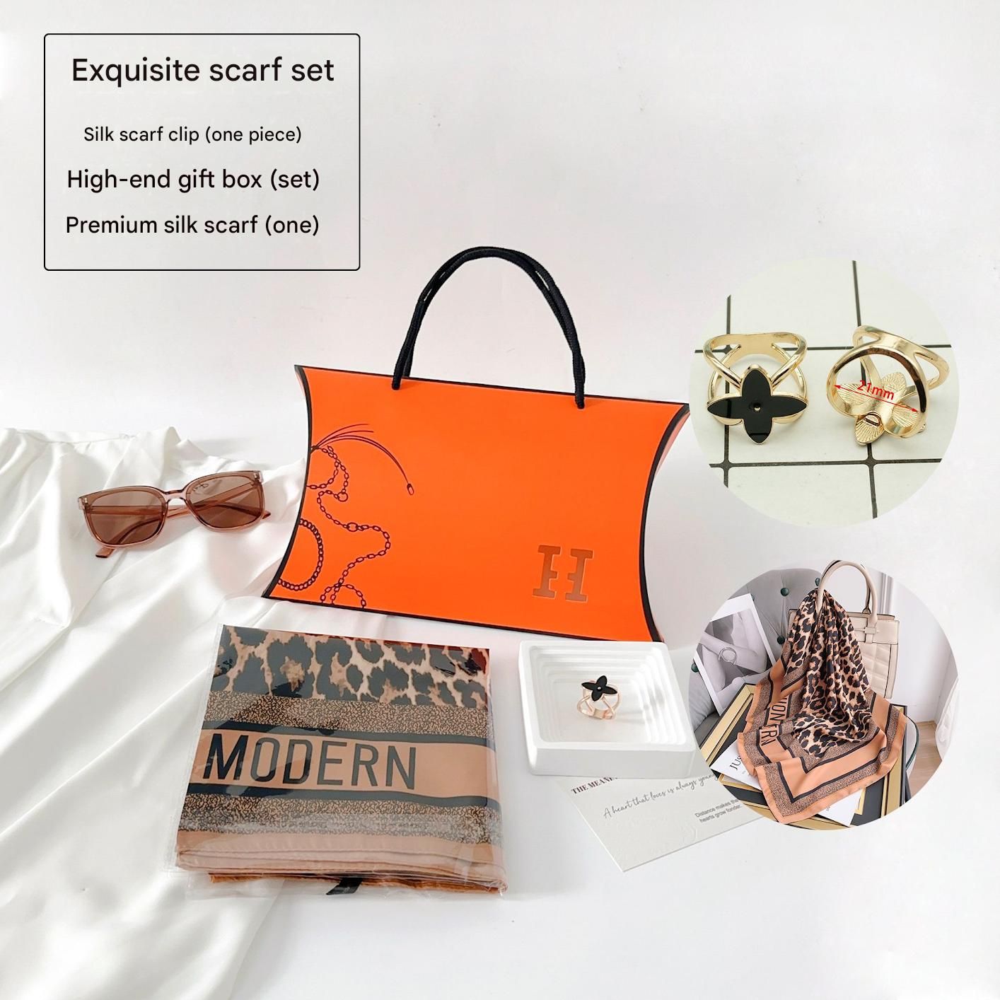 Leopard Print Style Korean Design 70x70cm Imitation Silk Scarf Gift Set for