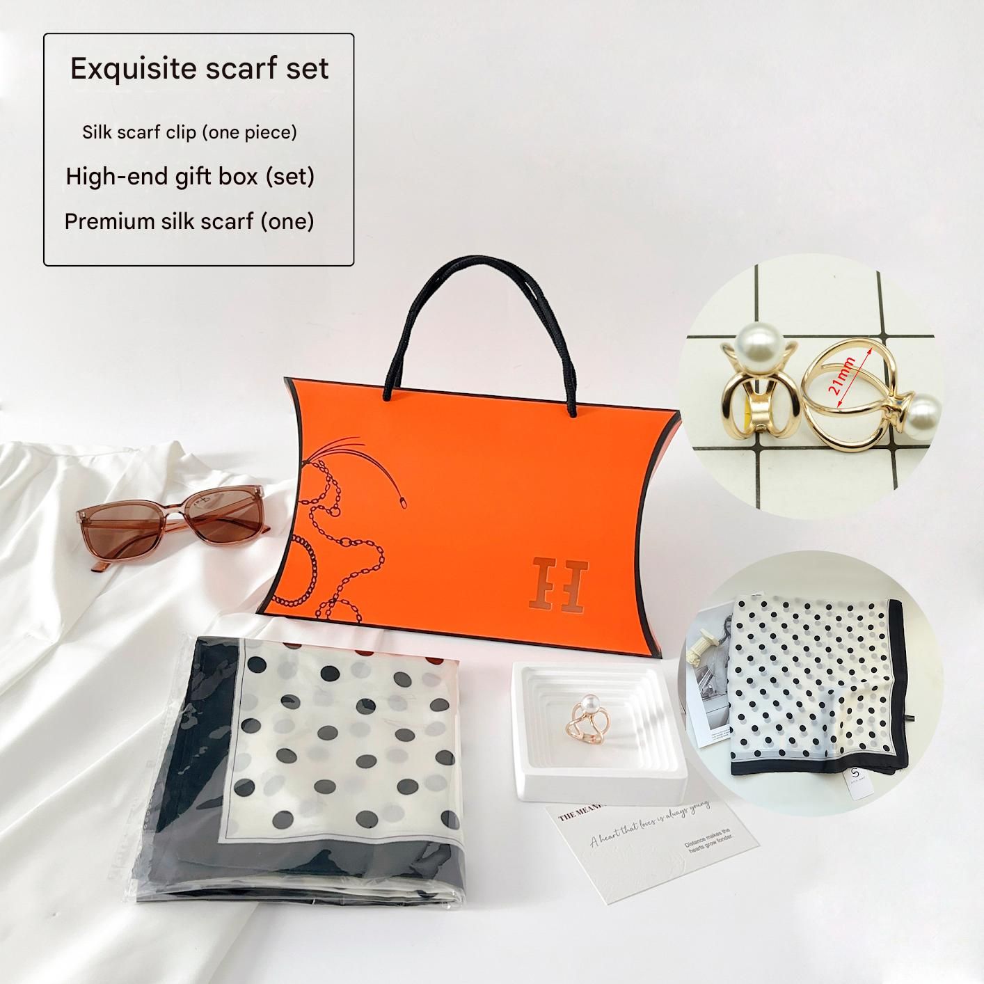 Black Polka-Dot Style Korean Design 70x70cm Imitation Silk Scarf Gift Set for