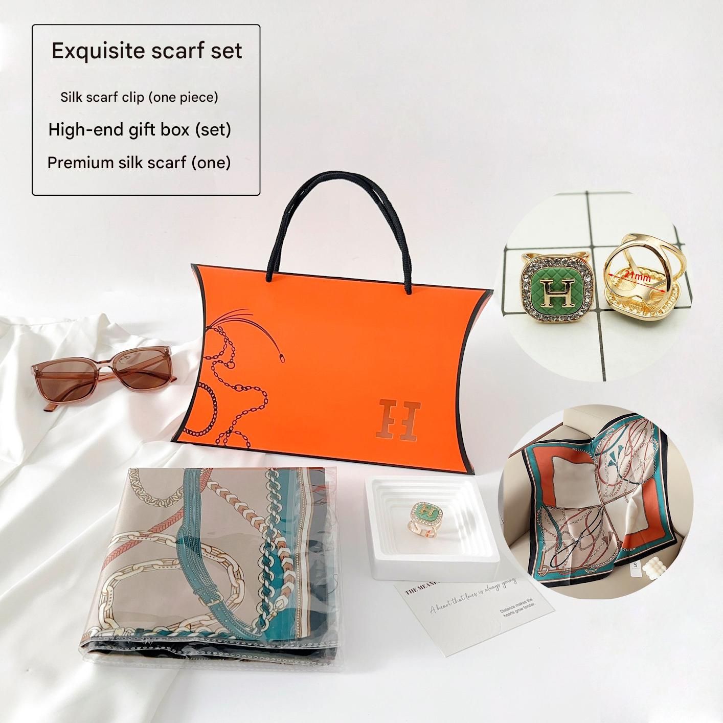 Colorful Chain Styles Korean Design 70x70cm Imitation Silk Scarf Gift Set for