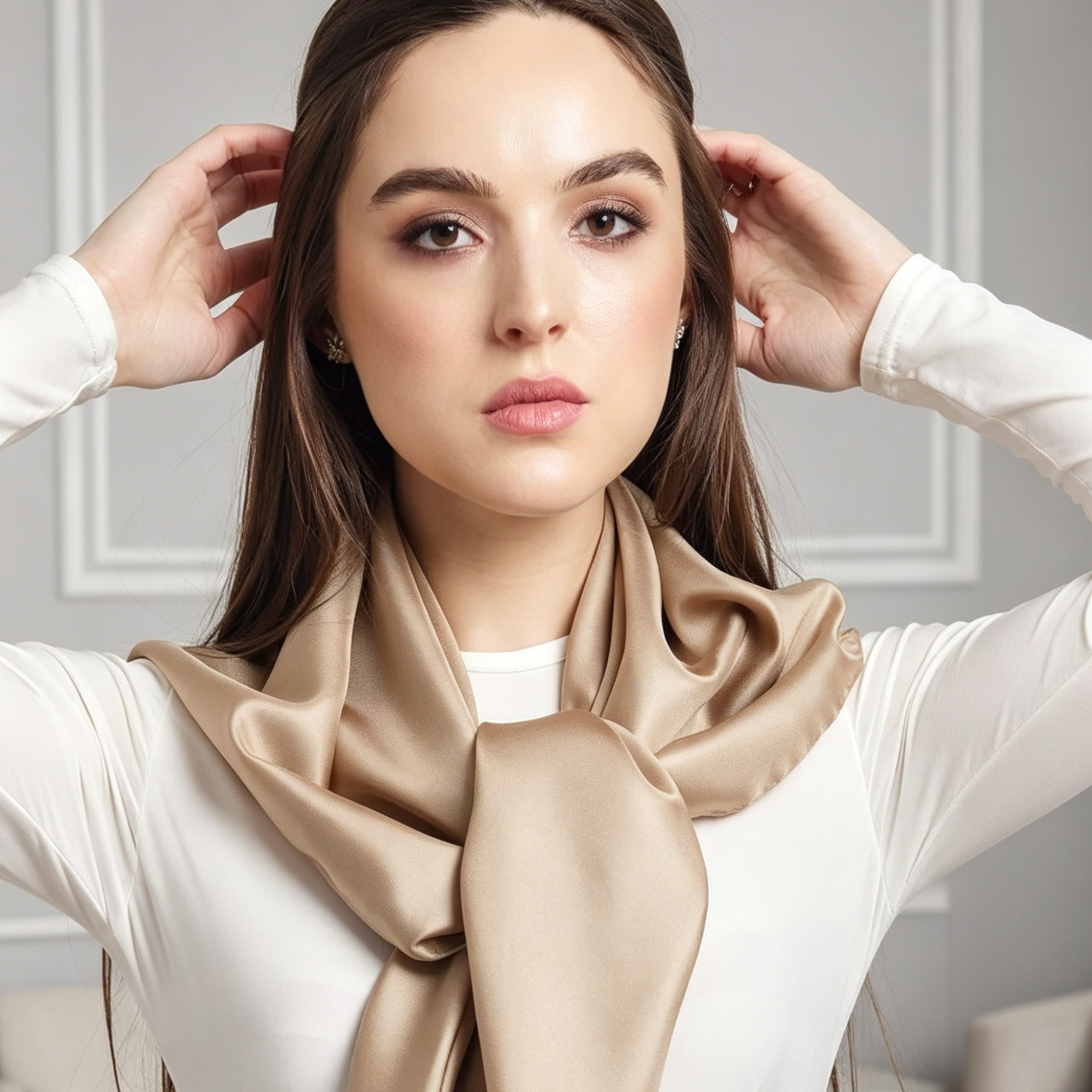 90x90cm Beige Solid Color Satin Square Scarf for Women - Imitation Silk view 7