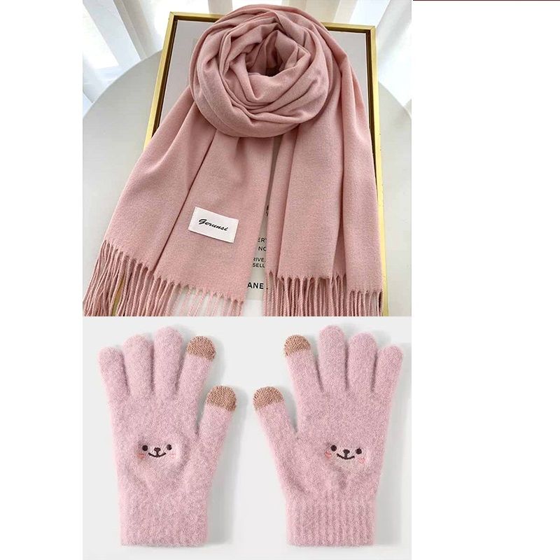 Pink Winter Cashmere-Like Scarf and Gloves Gift Set for Women - Solid Color view 2