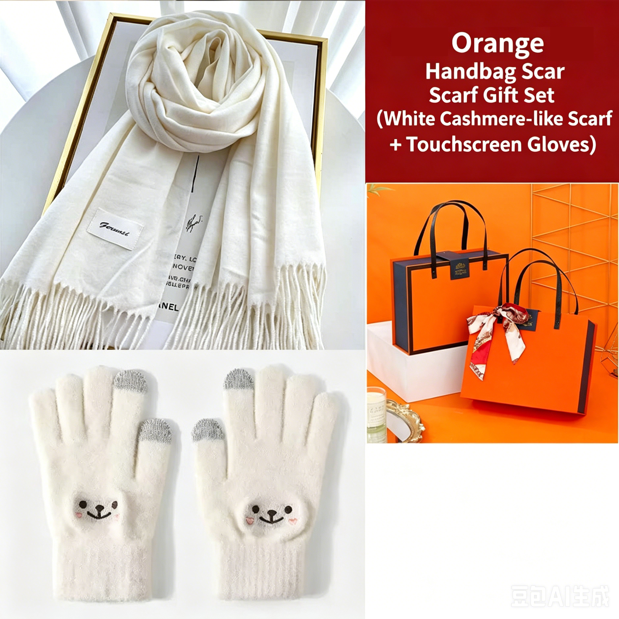 White Winter Cashmere-Like Scarf and Gloves Gift Set for Women - Solid Color