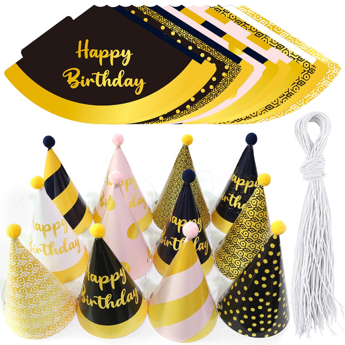 12-piece Birthday Party Hats Set - Gold Pink and Black Paper Cone Hats with view 2