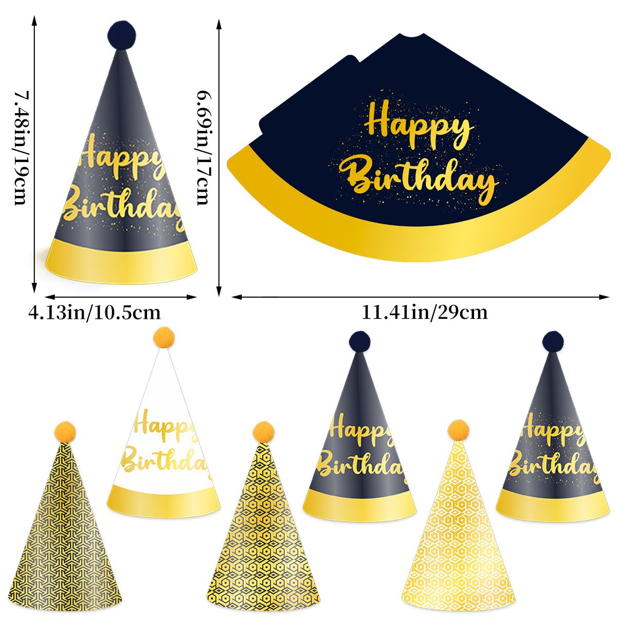 12-piece Birthday Party Hats Set - Gold Pink and Black Paper Cone Hats with view 4