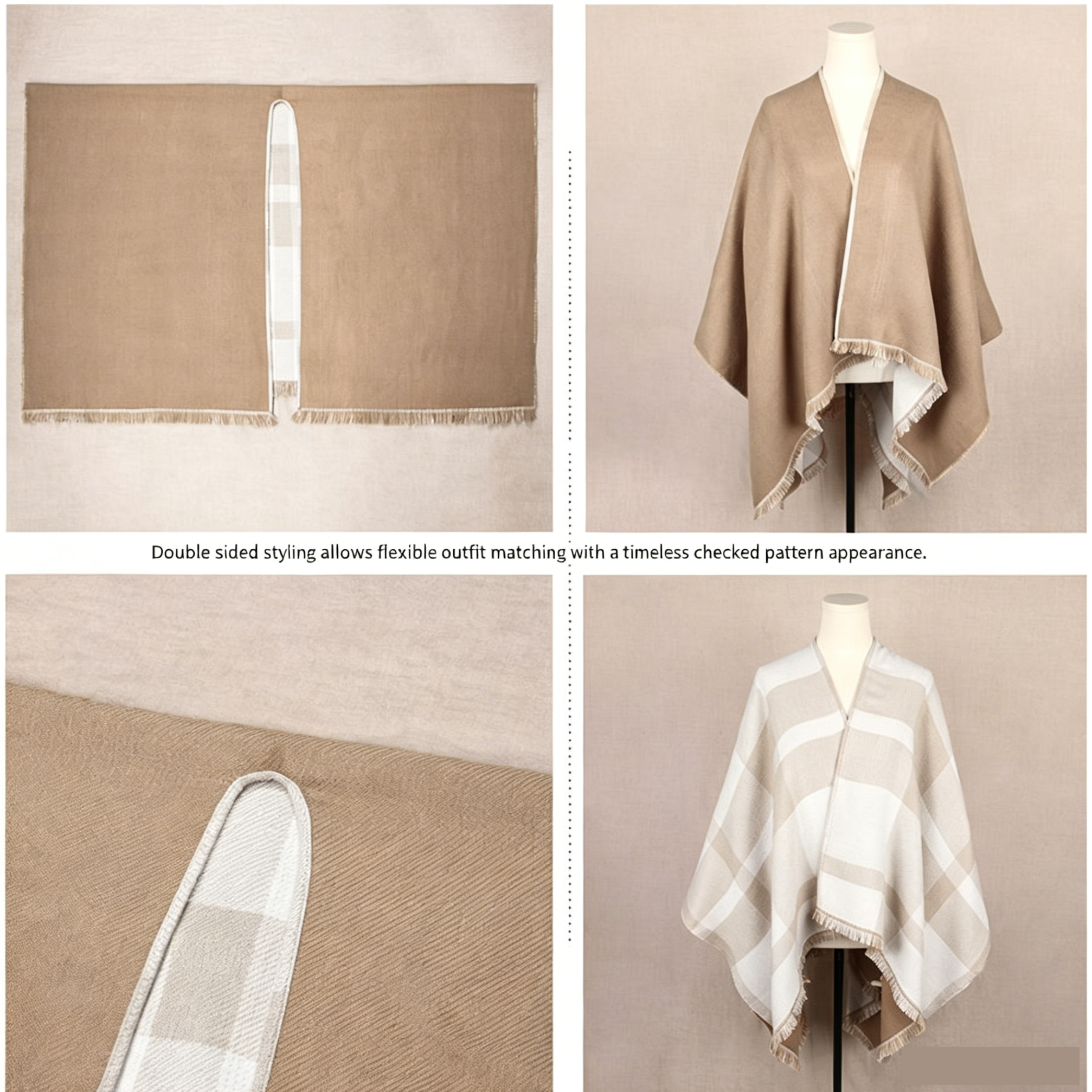 Beige and Brown Women Plaid Poncho Shawl Wrap - Faux Cashmere Reversible Cape view 3