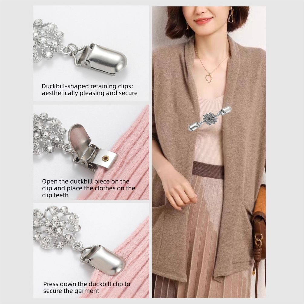 4 pcs Silvery Vintage Sweater Shawl Clip Brooch - Decorative Cardigan Collar view 3