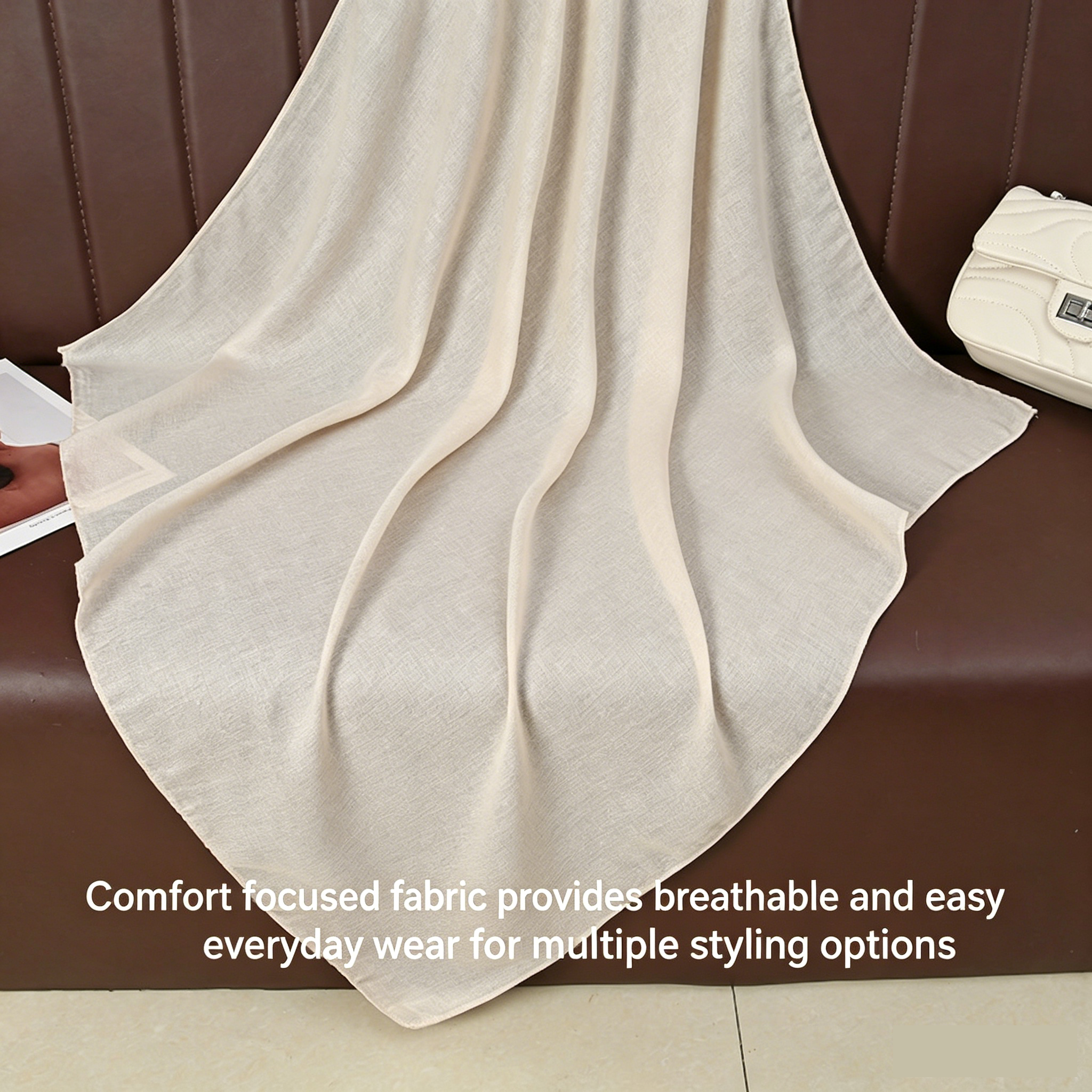 Beige 90 x 90cm Women Solid Colour Square Scarf - Lightweight Polyester Head view 3