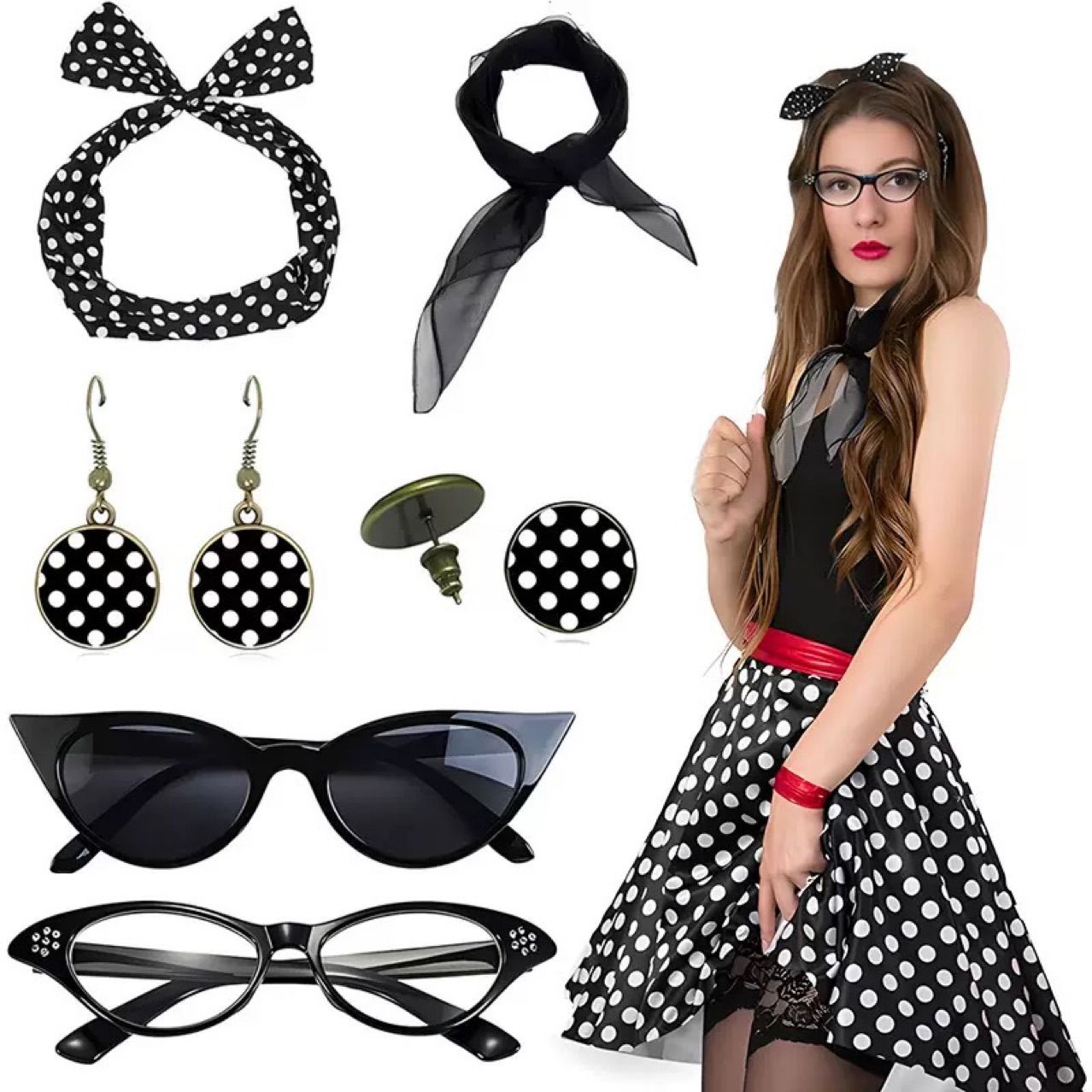 Black 6 Piece Vintage Polka Dot Party Kit Accessories Set - 1950s Retro view 2