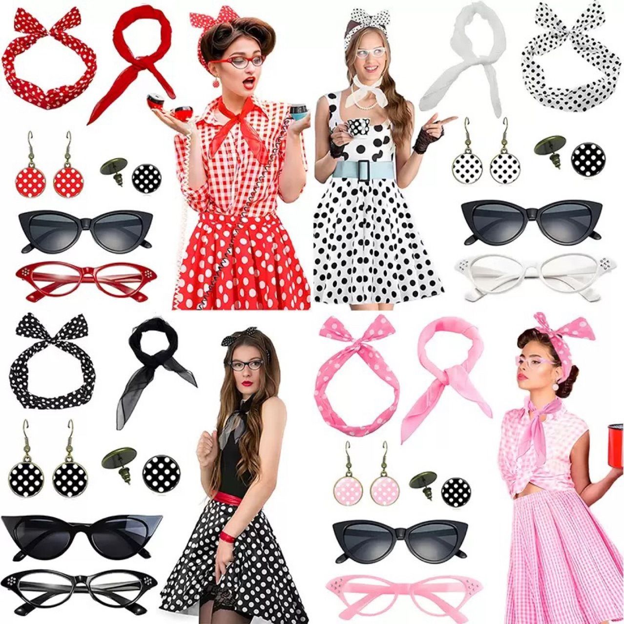 Black 6 Piece Vintage Polka Dot Party Kit Accessories Set - 1950s Retro view 6