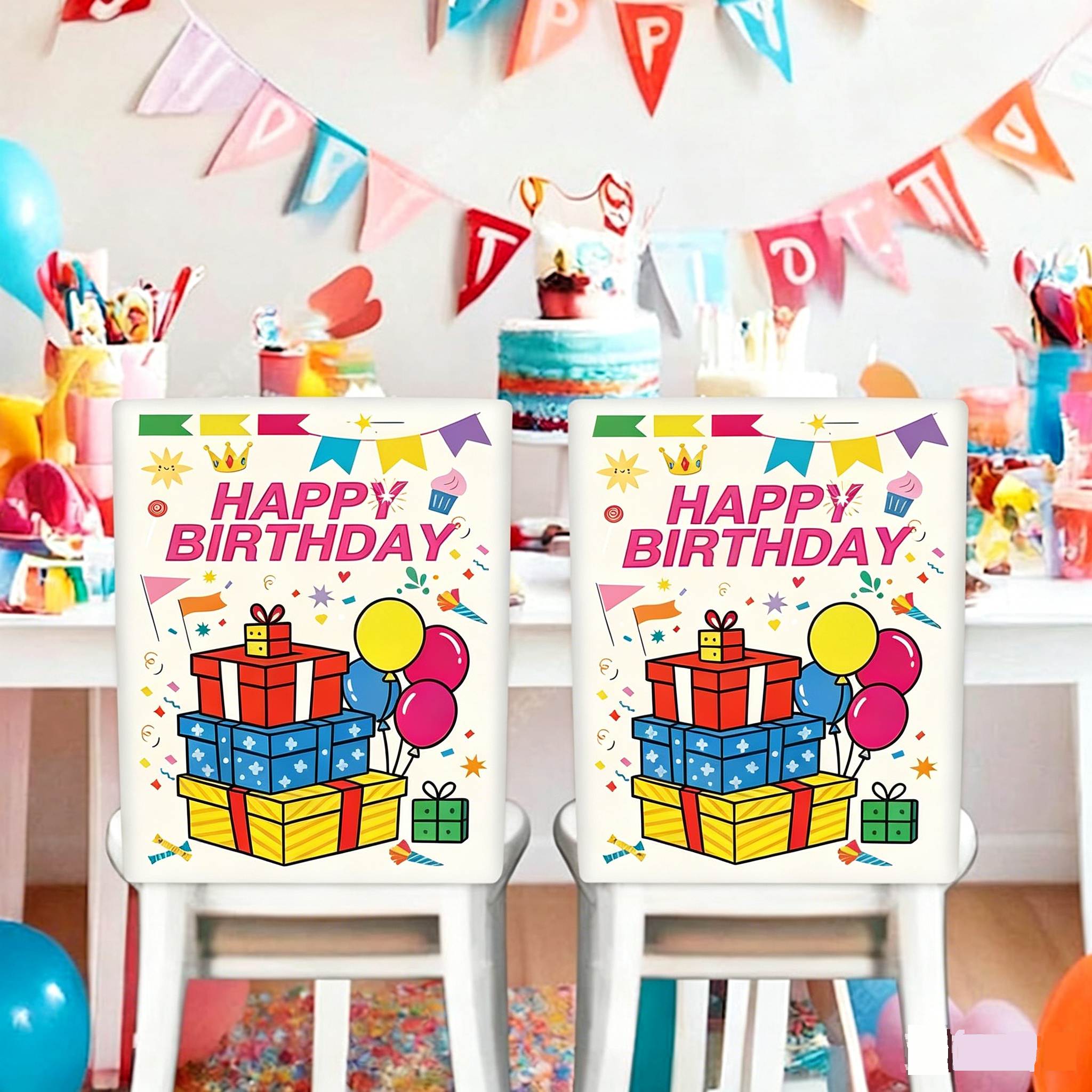 2 pcs Cartoon half chair covers birthday（Happy birthday*2） - Stretch Dining view 7