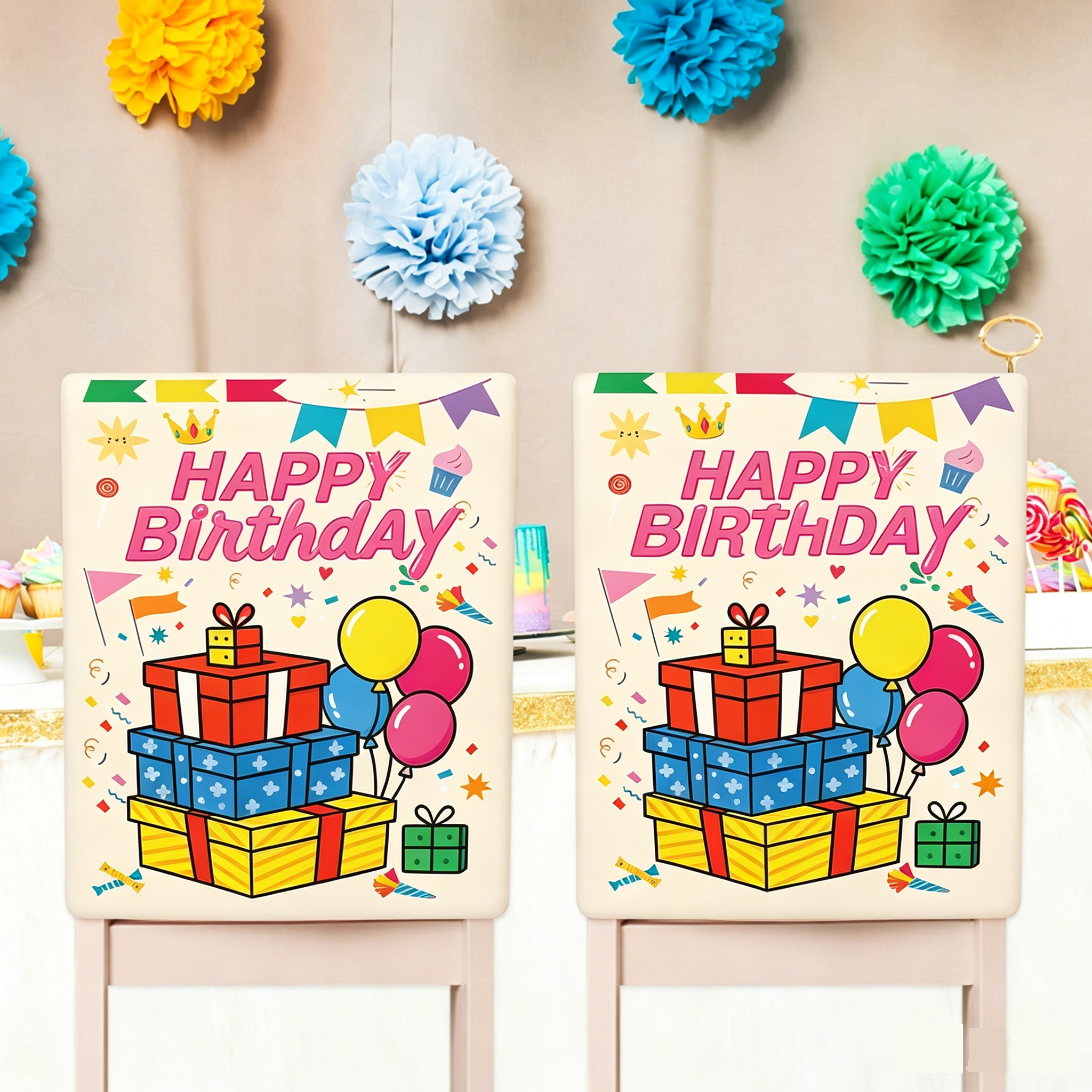 4 pcs Cartoon half chair covers birthday（Happy birthday*4） - Stretch Dining view 8