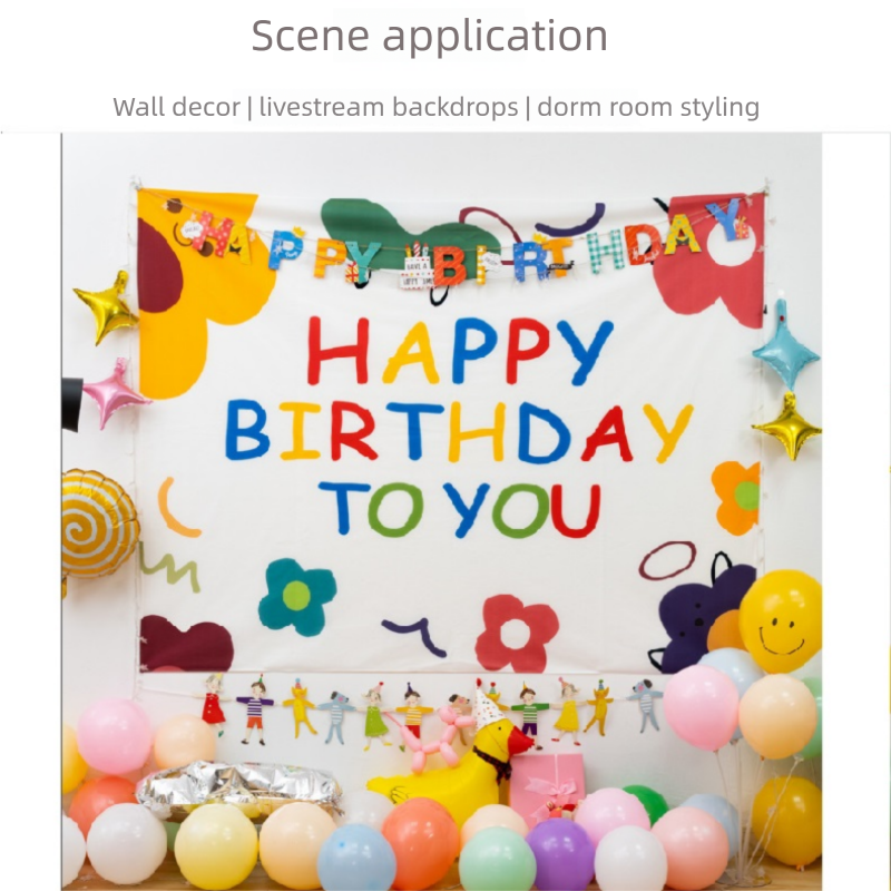 Cartoon Birthday Wall Tapestry Banner（Floral Style） - Colourful Happy Birthday view 4