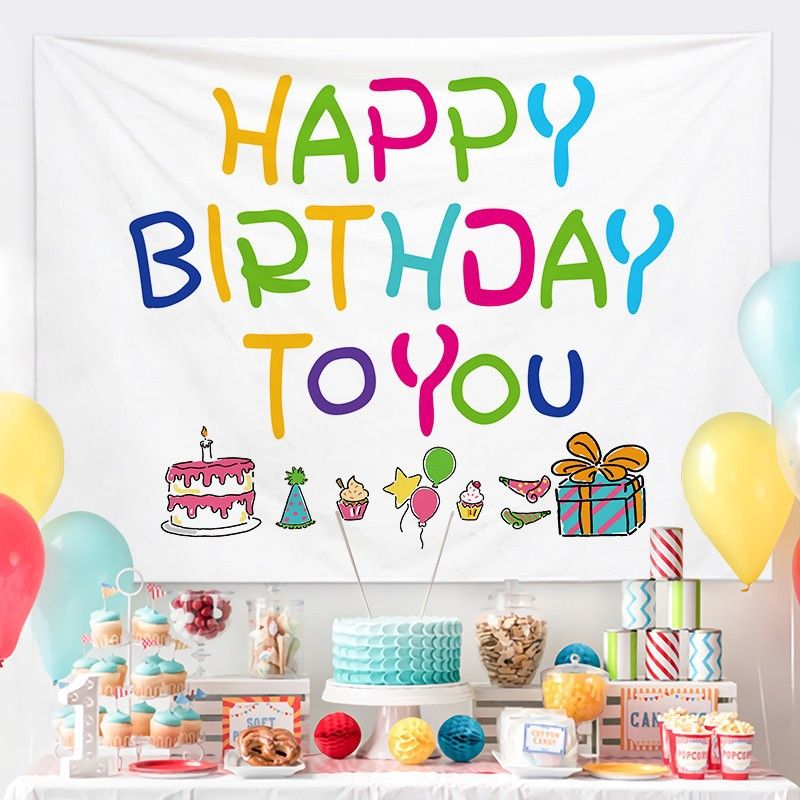 Cartoon Birthday Wall Tapestry Banner（Birthday Cake Style） - Colourful Happy