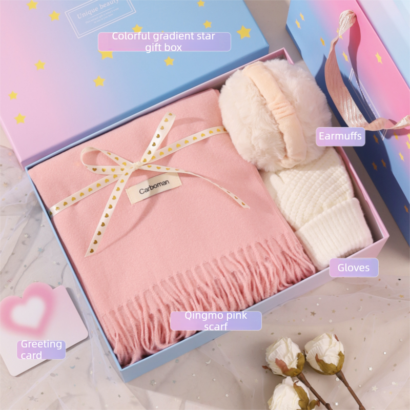 Pink and White Winter Scarf Gift Box Set for Women （Earmuffs