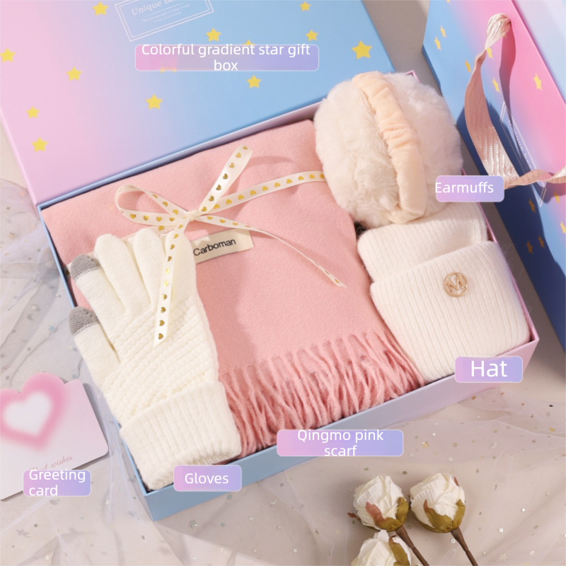 Pink and White Winter Scarf Gift Box Set for Women （4-Piece Set: Earmuffs