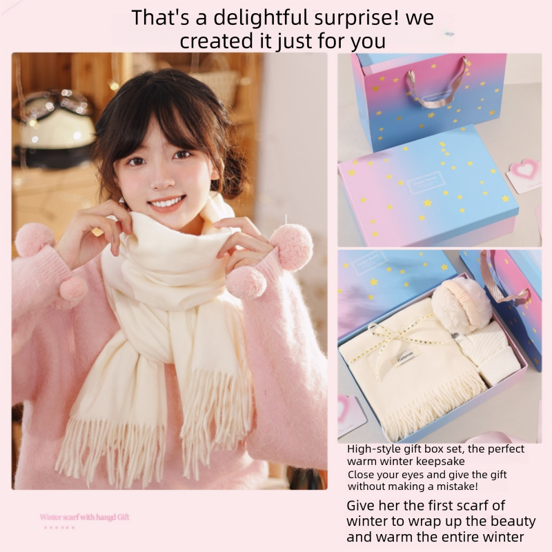 Pink and White Winter Scarf Gift Box Set for Women （4-Piece Set: Earmuffs view 2