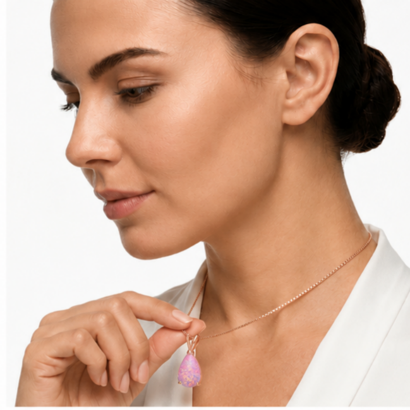 Pink Opal Teardrop Rose gold-plated chain Pendant Necklace for Women view 4