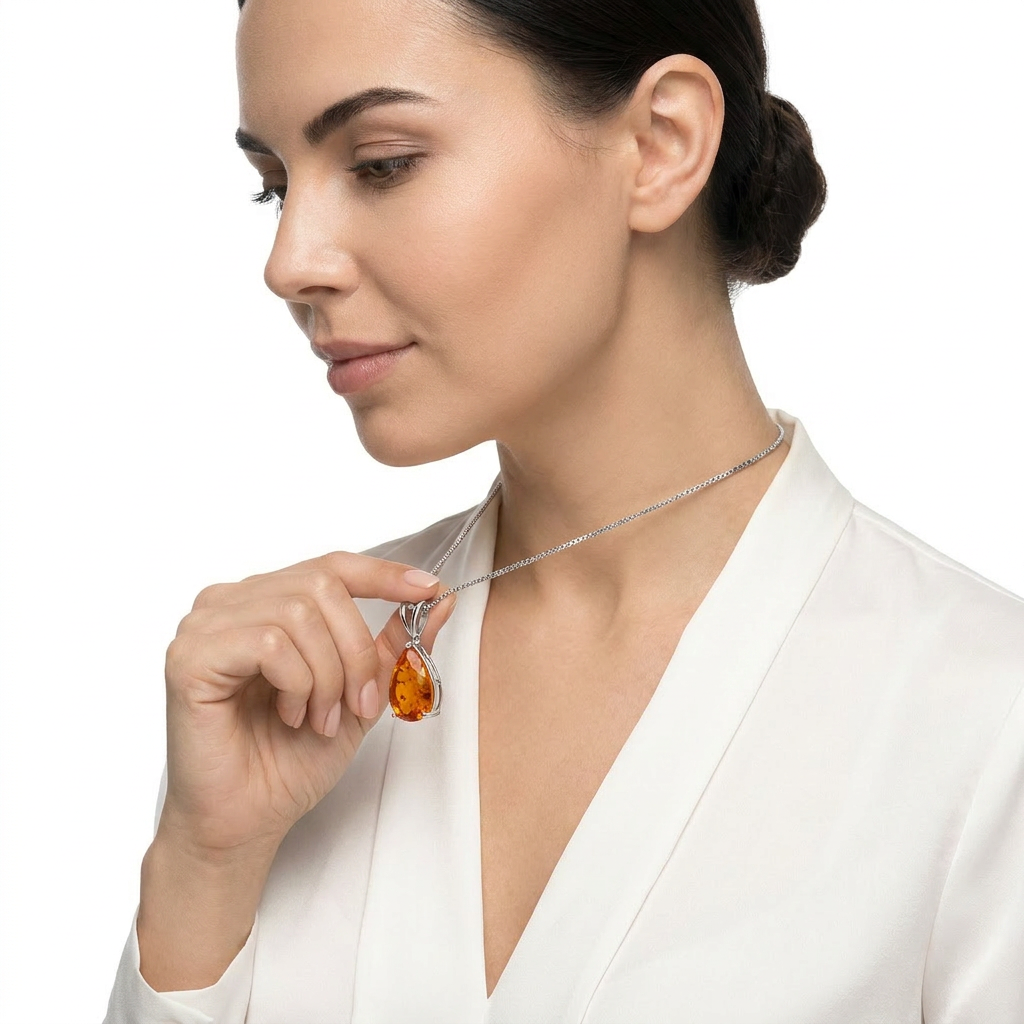 Orange Opal Teardrop Platinum-plated chain Pendant Necklace for Women view 3