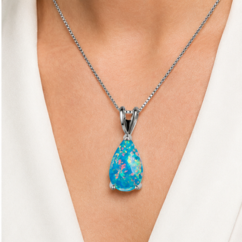 Blue Opal Teardrop Platinum-plated chain Pendant Necklace for Women view 3