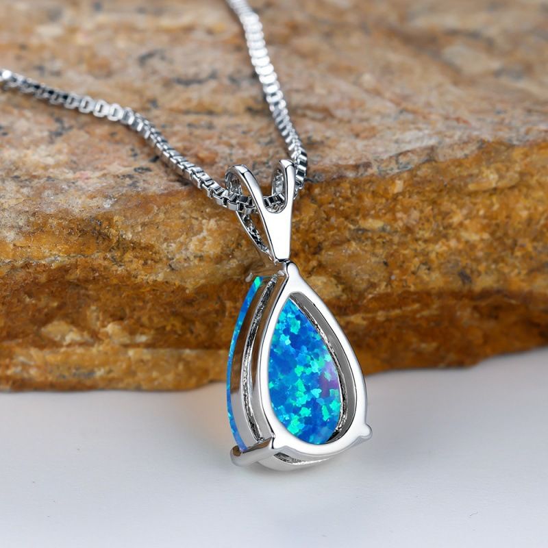 Blue Opal Teardrop Platinum-plated chain Pendant Necklace for Women view 5