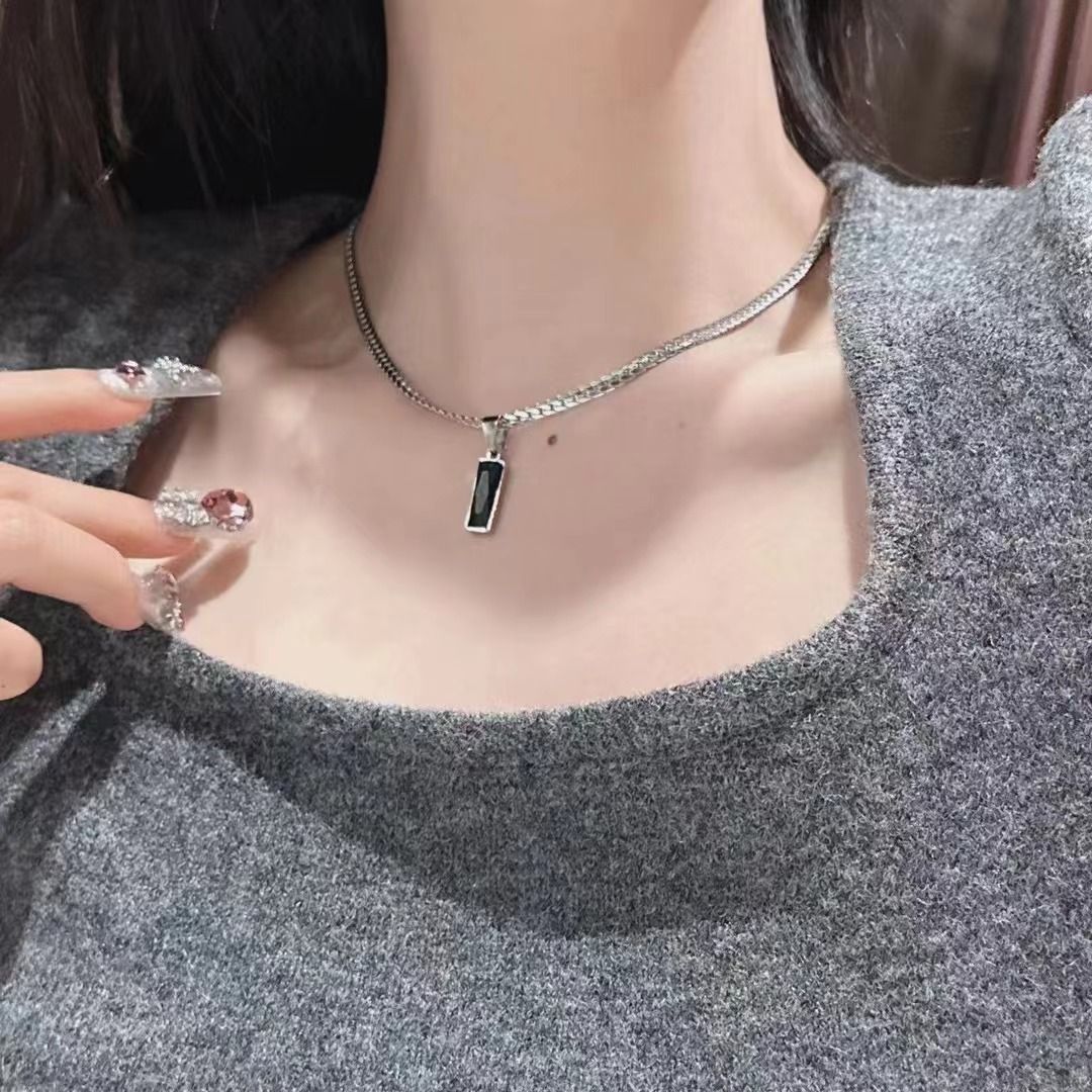 Black Zircon Bar Pendant Necklace 50cm+5cm for Men view 4