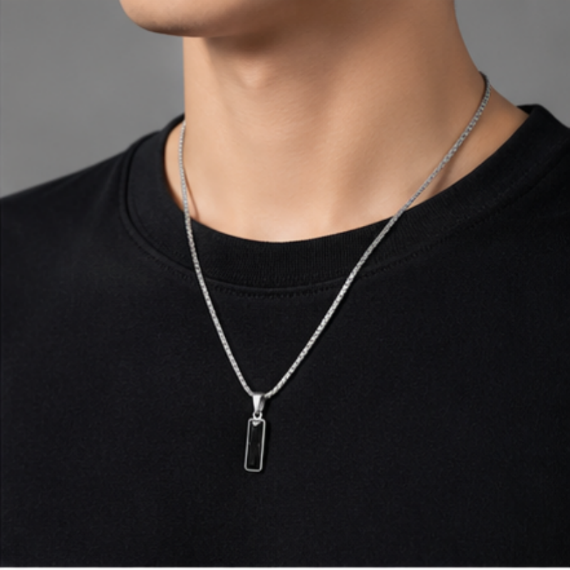 Black Zircon Bar Pendant Necklace 50cm+5cm for Men view 5