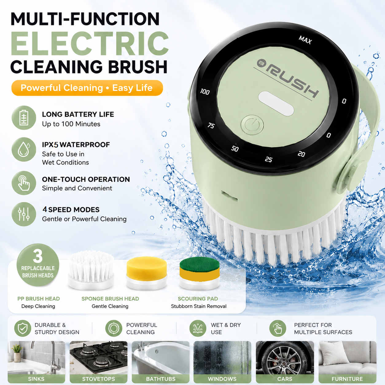 4-piece Green Electric Spin Scrubber Cordless Cleaning Brush(Includes three — image 1