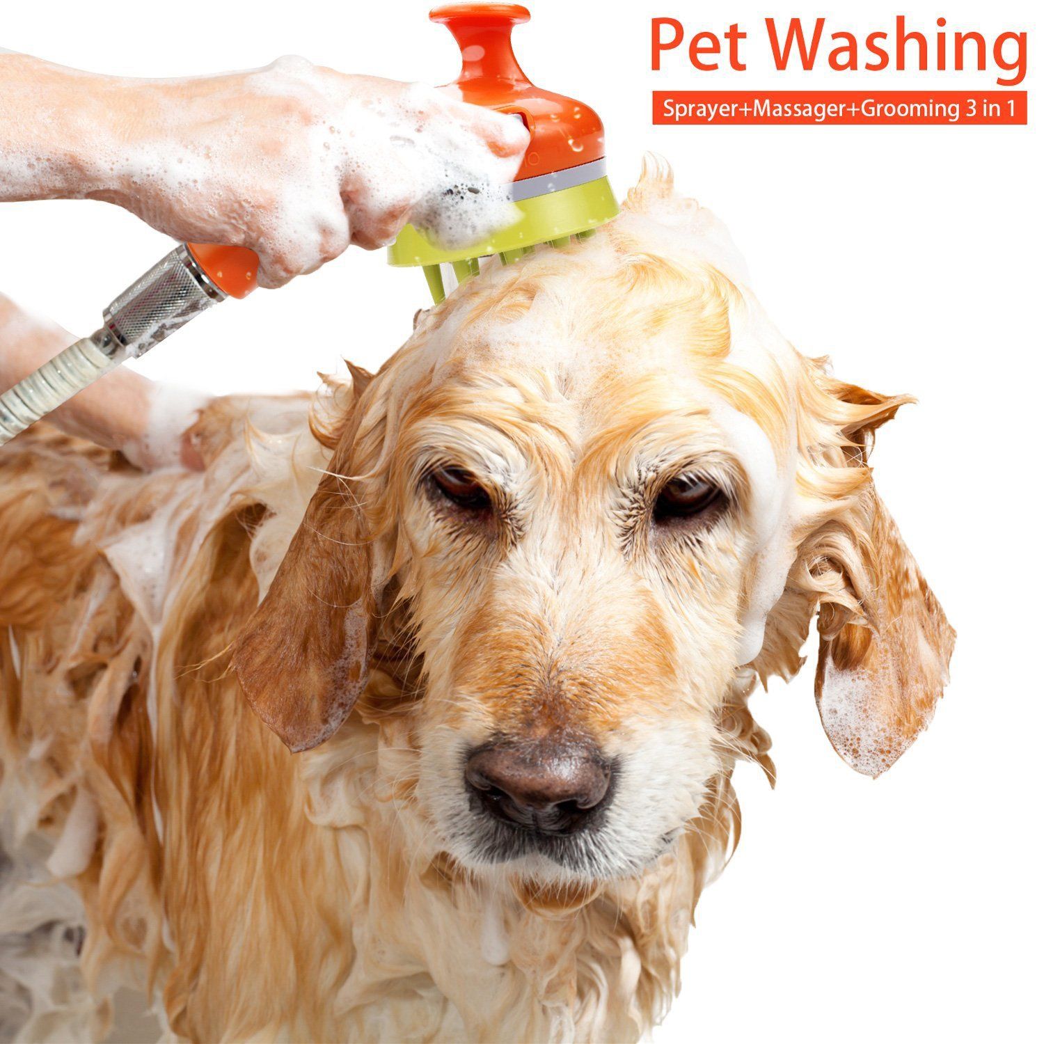 Orange Pet Bathing Shower Sprayer Brush with Water Control Switch Control Dog view 2