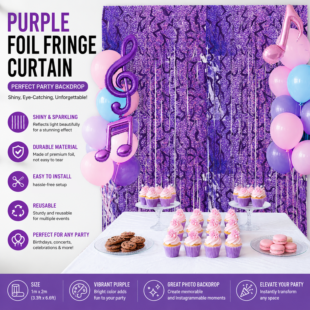 5 pcs Purple Lightning Tinsel Curtain Backdrop - Shimmer Foil Fringe Party