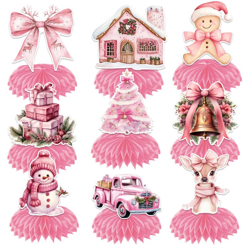 9 pcs Pink Christmas Honeycomb Table Centrepiece Set - 3D Paper Decorations view 2