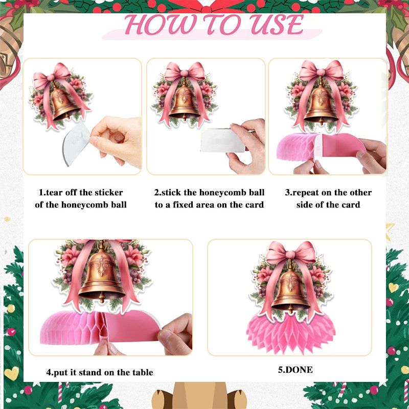 9 pcs Pink Christmas Honeycomb Table Centrepiece Set - 3D Paper Decorations view 4