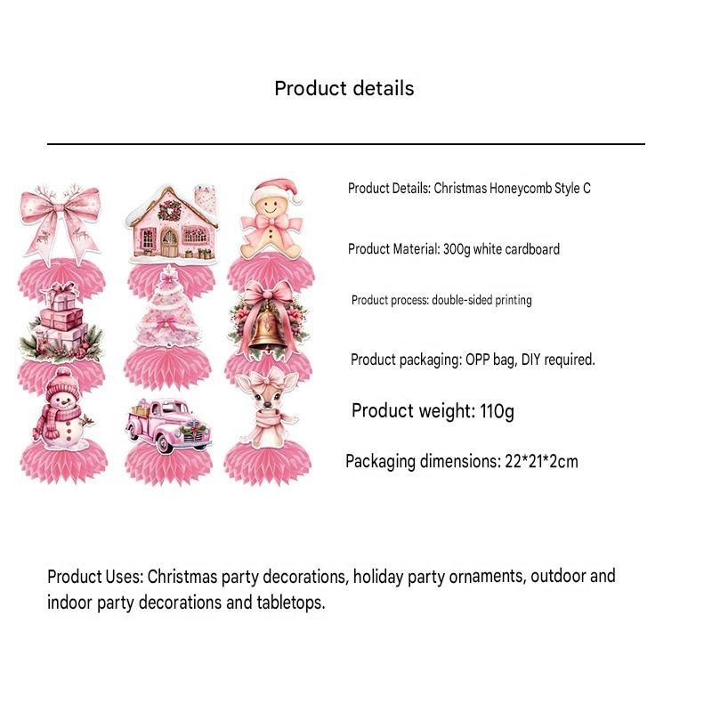 9 pcs Pink Christmas Honeycomb Table Centrepiece Set - 3D Paper Decorations view 5