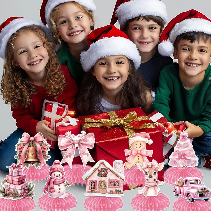 9 pcs Pink Christmas Honeycomb Table Centrepiece Set - 3D Paper Decorations view 7