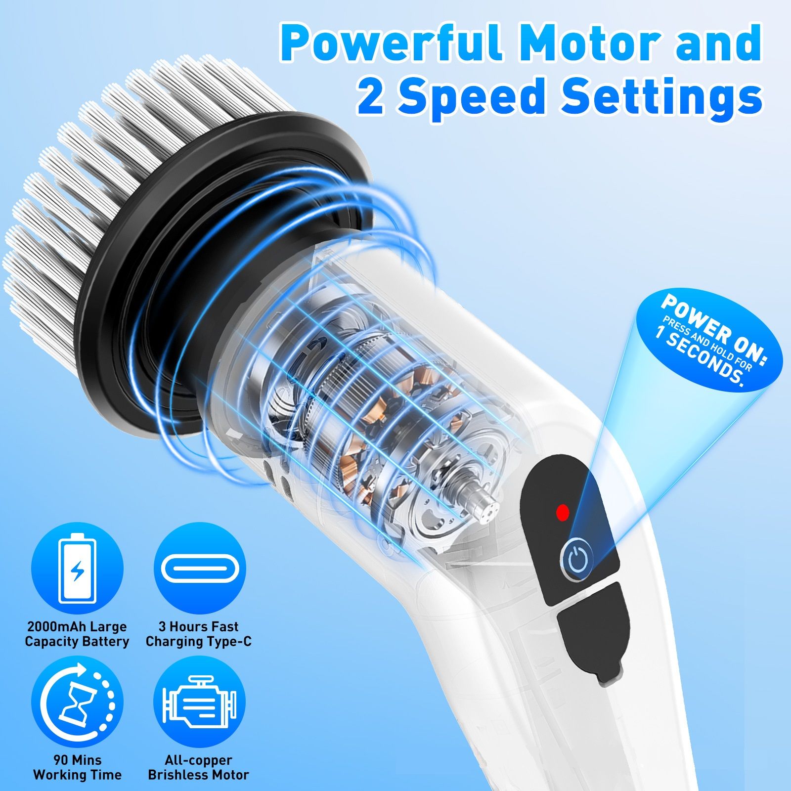 Black 9 piece replaceable cleaning brush heads Electric Spin Scrubber with view 3