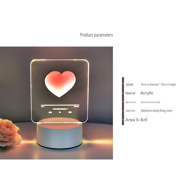 Pink Heart Design Creative Acrylic LED Night Light - Warm White Ambient Table Lamp view 6