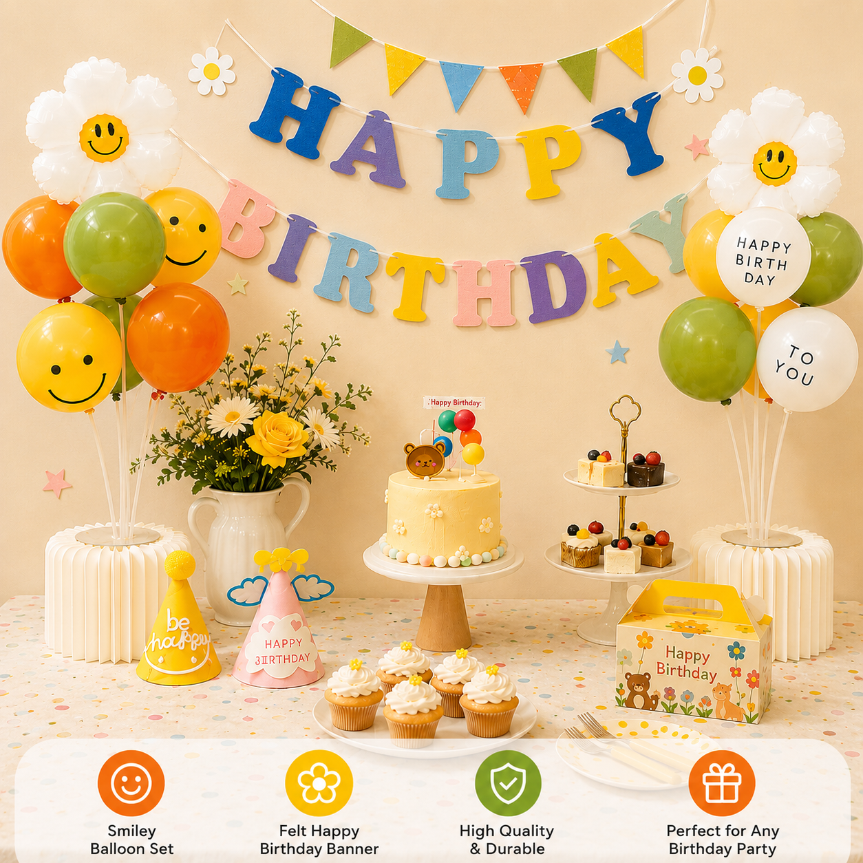 3-pcs Birthday Party Decoration Set with 2-pack Smiley Daisy Balloon