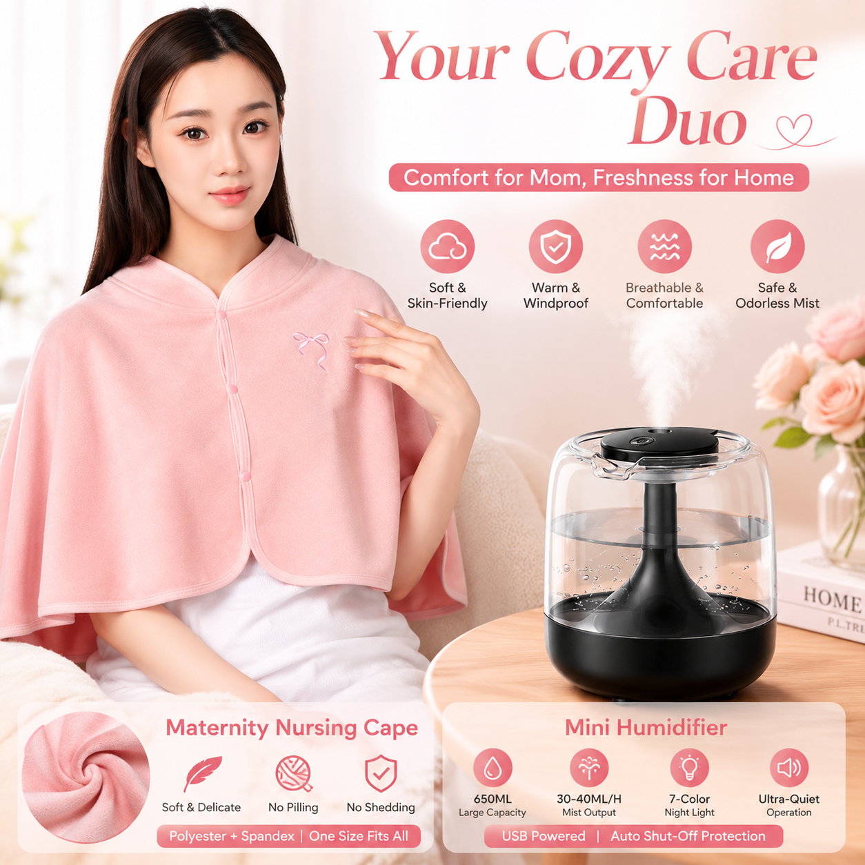 2 pcs Relaxing Winter Set - Pink Nursing Cape and Black Mini Humidifier