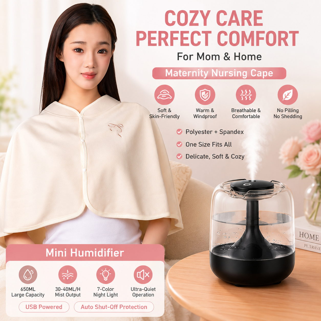 2 pcs Relaxing Winter Set - Beige Nursing Cape and Black Mini Humidifier