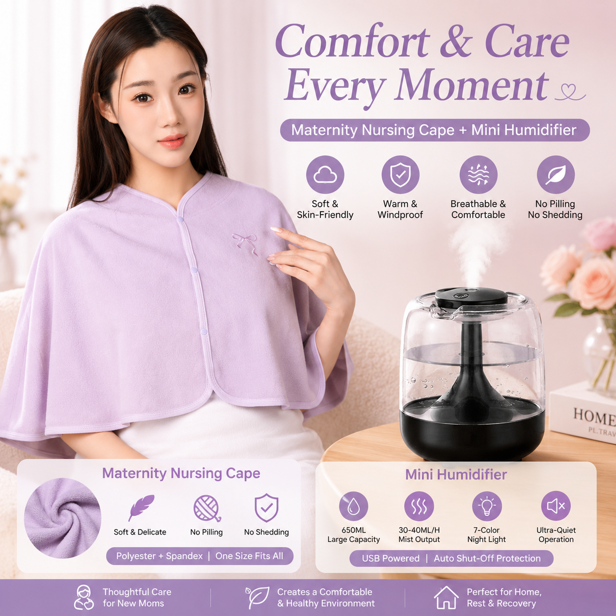 2 pcs Relaxing Winter Set - Purple Nursing Cape and Black Mini Humidifier